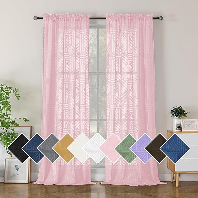 Simplebrand Blush Semi Sheer Curtains 96 Inches Long 2 Panels, Light Filtering Geometric Jacquard Clip Textured Sheer Curtains for Bedroom，Modern Elegant Window Curtains Drapes，42x96 inch