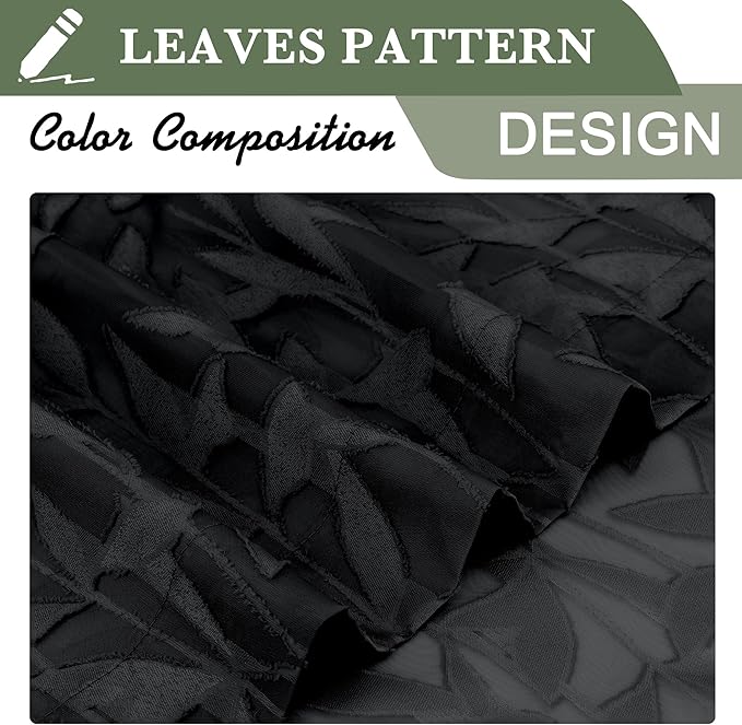 Lecloud Leia Black Sheer Curtains for Bedroom Decor 45 Inch Length 2 Pcs, Jacquard Leaf Textured Dual Rod Pocket Living Room Curtains, Light Filtering Farmhouse Drapes, Each Panel 28" W x 45" L
