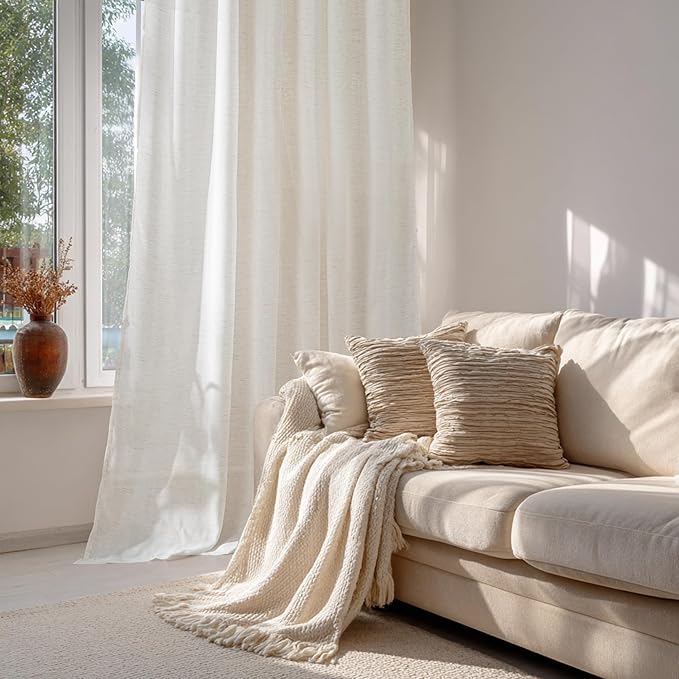 RYB HOME Sheer Curtains 108 inches Long Linen Blend Vertical Extra Long High Ceiling Window Drapes for Living Room, Office, Nursery, Rod Pocket & Back Tab, Ivory, W 52 x L 108 inch, Set of 2