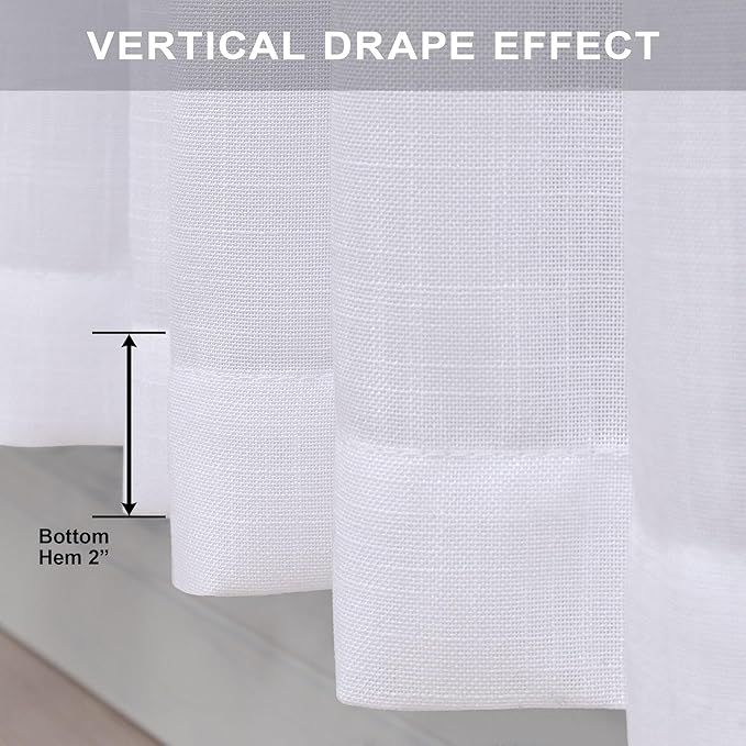 Solid White Curtains 96 Inches Long for Living Room 2 Panel Set Back Tab Pocket Opaque Draperies Semi Sheer Linen Light Filtering Curtain for Bedroom Floor Length Crisp Vintage Beach Country Chic 8 FT