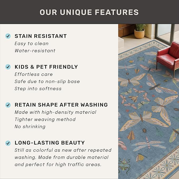 Blue Insect 2'6'' Wide 8' Long Hallway Runner Rug - Washable Kitchen Sink Rug, Non Slip Runner Rug for Entryway, Colorful Vintage Print Home Décor