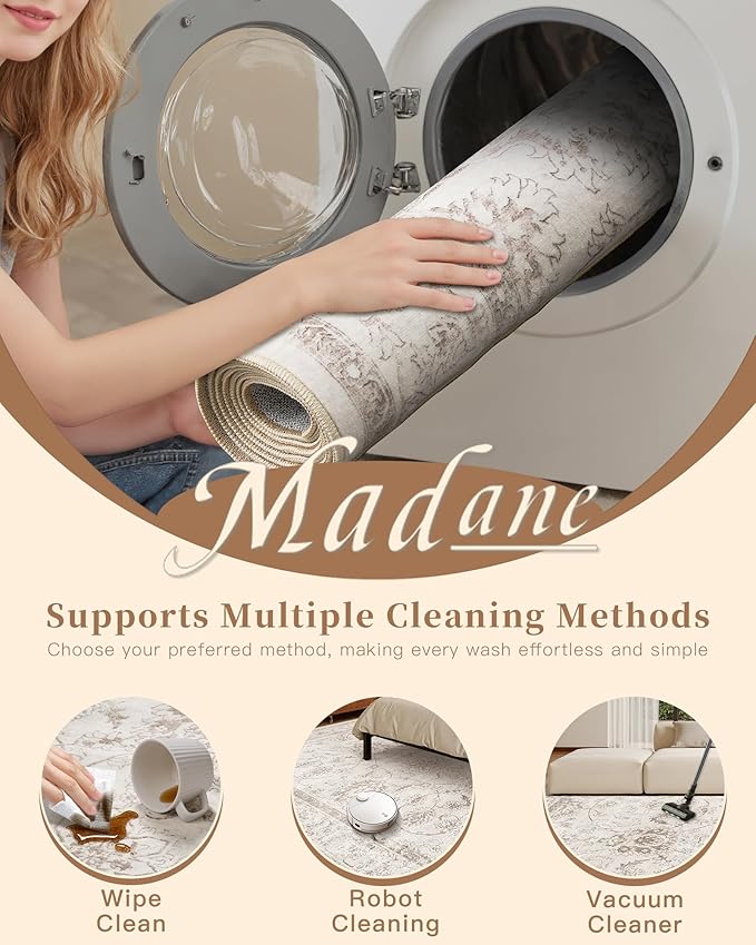 Madane 8x10 Area Rugs for Living Room, Machine Washable Vintage Rug with Non-Slip Backing, Soft Floral Print Large Throw Rugs, Thin Carpet for Bedroom Dining Room Farmhouse (8 x 10, Brown/Ivory)