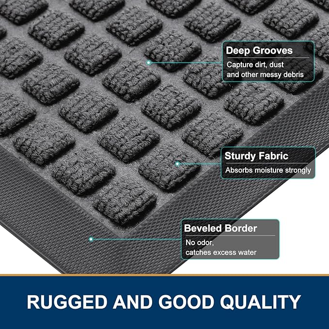 Smiry Front Door Mat Outside Entrance, Heavy Duty Natural Rubber Doormat, Non Slip, Trap Dirt and Moisture, Easy Clean, Low Profile Welcome Floor Mats for Indoor Outdoor Entry, 71x23 Inch, Grey