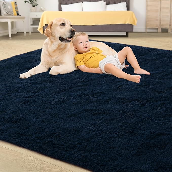 Tepook Soft Fluffy Rugs for Bedroom, 4x6 Area Rug for Living Room, Modern Shaggy Room Rug for Kids Boys Girls, Plush Throw Rugs Indoor Nursery Home Decor Rug with Non-Slip Bottom, Navy Blue