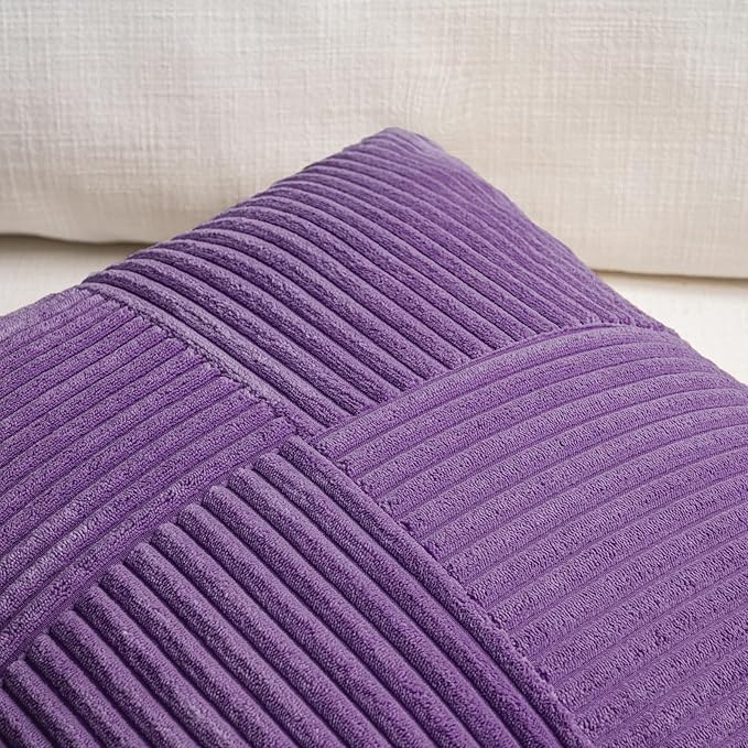 Fancy Homi 2 Packs Purple Decorative Throw Pillow Covers 16x16 Inch for Living Room Couch Bed, Farmhouse Boho Home Decor, Soft Corss Patchwork Corduroy Textured Square Cushion Case 40x40 cm