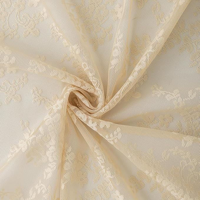YJ YANJUN Vintage Lace Curtains 108 Inches Long-Victorian Floral Beige Sheer Curtains for Living Room Bedroom Light Filtering Drapes Farmhouse Boho 70s Home Decor 2 Panels W52 X L90 Light Beige