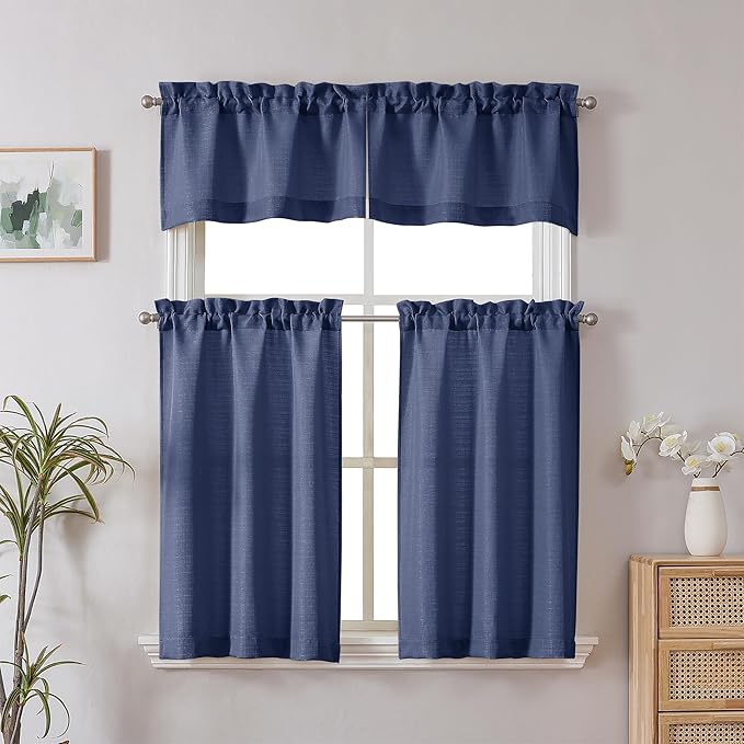 Chyhomenyc Blue Short Curtain Valance for Windows, Faux Linen Textured Half Window Curtains, Burlap Solid Topper Small Curtain Valance for Bathroom Laundry Basement, 60Wx18L Inch, 1 Piece