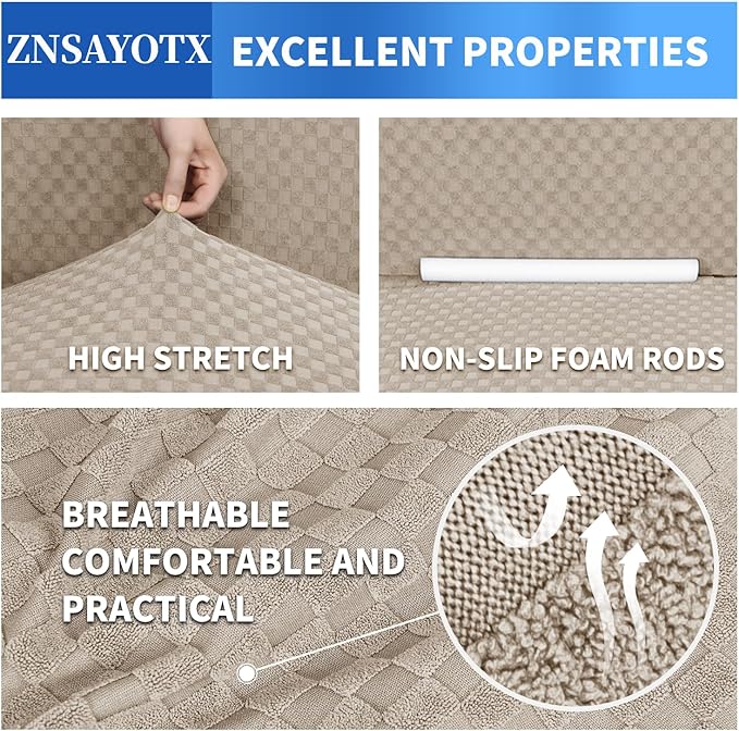 ZNSAYOTX 1 Piece Jacquard Couch Covers for 2 Cushion Couch High Stretch Loveseat Slipcover for Pets Dogs Anti Slip Love Seat Sofa Slipcover Furniture Protector (Loveseat, Khaki)
