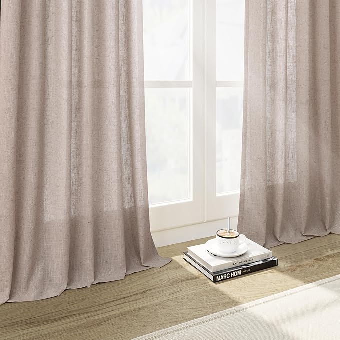 Oatmeal Linen Curtains 108 Inches Long 2 Panels Set for Living Room Back Tab Pocket Semi Sheer Modern Minimalist Extra Long Linen Curtain Light Filtering Ceiling Drapes for Large Window 40x108