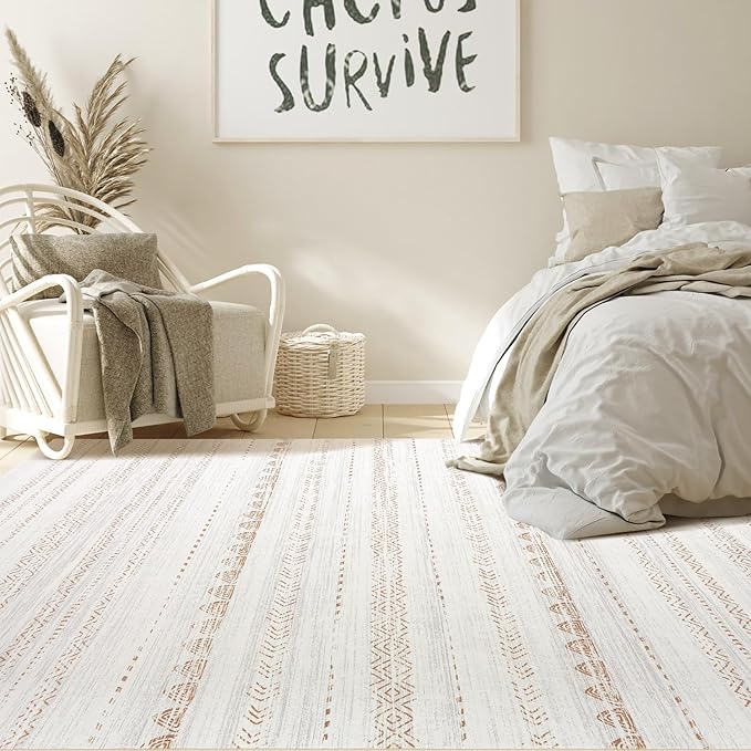 Nakagishi Area Rug Living Room Rugs: 3x5 Soft Machine Washable Boho Neutral Farmhouse Stain Resistant Moroccan Indoor Carpet for Bedroom Nursery Kids Entryway Kitchen Entry Bedside Home House- Brown