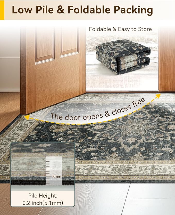 Area Rugs 4'x6' Washable Non-Slip, Floral Vintage Distress Print Pattern Medallion Carpet for Living Room Bedroom Dining Room, Vintage Black Brown Neutral