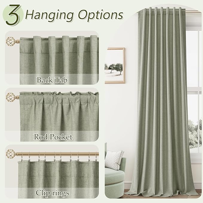 Sage Green 100% Blackout Linen Curtains 90 Inch Length 2 Panels Set for Living Room Bedroom Back Tab Thermal Insulated Black Out Drapes Room Darkening Window Curtains 90 Inches Long