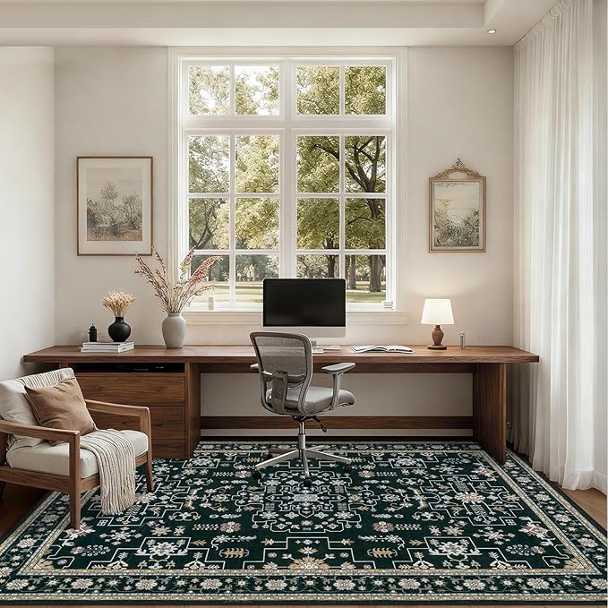 Area Rugs 10x14 Living Room Rug: Washable Rug Soft Vintage Boho Medallion Carpet Indoor Floor Non-Slip Stain Resistant Large Carpets for Bedroom Dining Room Farmhouse Nursery Home Office Black