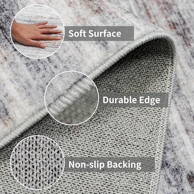 6x12 Runner Rug for Wide Hallway: Long Washable Area Rugs for Living Room Dining Room Office - Stain and Water Resistant Runners with Non-Slip Backing - Soft Low-Pile Thin Carpet Beige Grey
