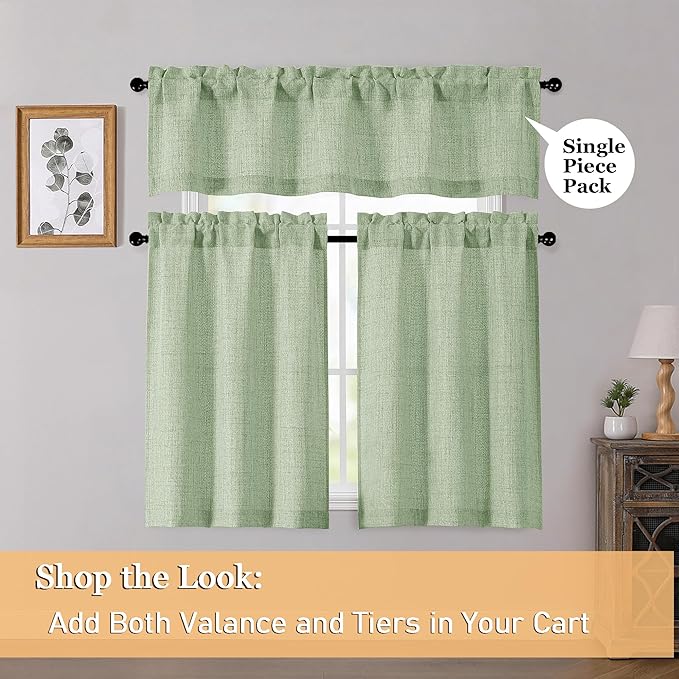 OWENIE Light Green Valances for Windows 1 Pcs, Light Filtering Textured Farmhouse Short Small Valance Curtains for Bathroom Basement Living Room Bedroom, Rod Pocket Half Curtains Over Sink, 52"Wx14"L