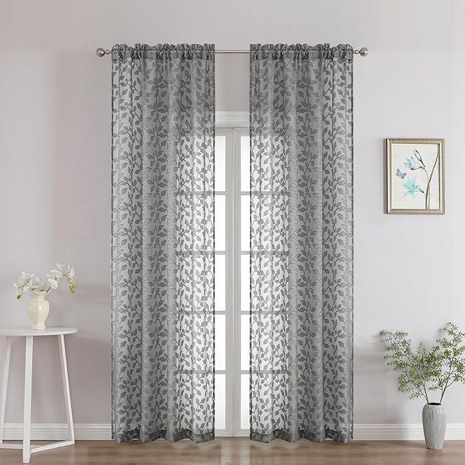 Chyhomenyc Charcoal Grey Sheer Curtains 90 Inch Length 2 Panels Set, Light Filtering Tufted Textured Soft Airy Rod Pocket Gentle Leaf Window Treatment Drapes for Bedroom Living Room, 42" Wx90 L, 2PCS
