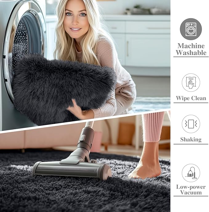 OLANLY 2x12 Machine Washable Runner Rugs for Hallway, Soft Fluffy Shaggy Bedside Rugs for Bedroom, Living Room, Indoor Floor Carpet for Kids Girls and Boys, Nursery Rooms, Home Decor Aesthetic, Black