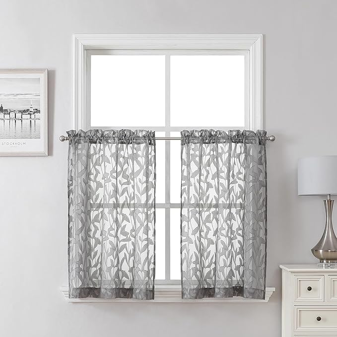 Lecloud Leia 36 Inch Charcoal Grey Sheer Curtains Tiers 2 Panels, Clip Textured Cafe/Bedroom/Living Room/Kitchen Gray Curtain for Small Window, Jacquard Leaf Drapes with Dual Rod Pockets, 38x36 Inches