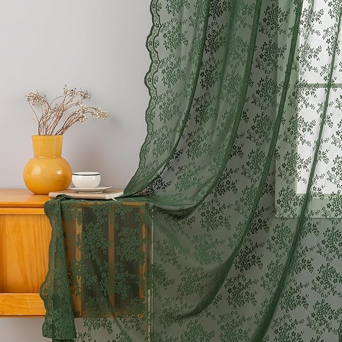 YJ YANJUN Vintage Lace Curtains 90 Inches Long-Victorian Floral Pattern Dark Green Sheer Curtain Panels for Ding Room Bedroom,Light Filtering, Retro Boho Neutral Aesthetic Decor 2 Panels 52W x 90L