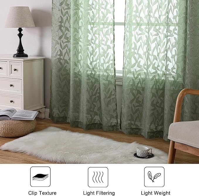 Lecloud Leia Sage Green Sheer Curtains 84 Inches Long 2 Panels, Airy Voile Jacquard Leaf Textured Curtains, Semi Sheer Farmhouse Rod Pockets Curtain Drapes for Bedroom Living Room, 52" W x 84" L