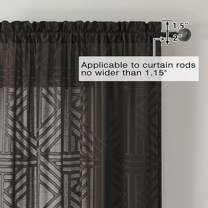 Simplebrand Chocolate Semi Sheer Curtains 45 Inch Length 2 Panels, Geometric Jacquard Clip Textured Short Sheer Curtains for Bedroom，Modern Elegant Window Curtains Drapes/Treatment Sheer，42x45 inch
