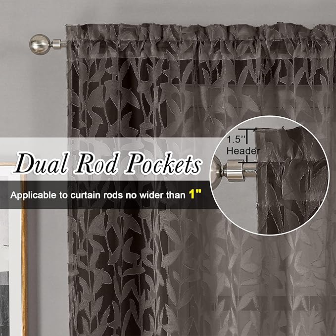 Lecloud Leia Clip Textured Leaf Chocolate Brown Sheer Curtain 63 Inch Length 2 Panels, Light Filtering Jacquard Voile Curtain with Dual Rod Pockets, Kitchen/Bedroom Window Drapes, 38x63 Inches