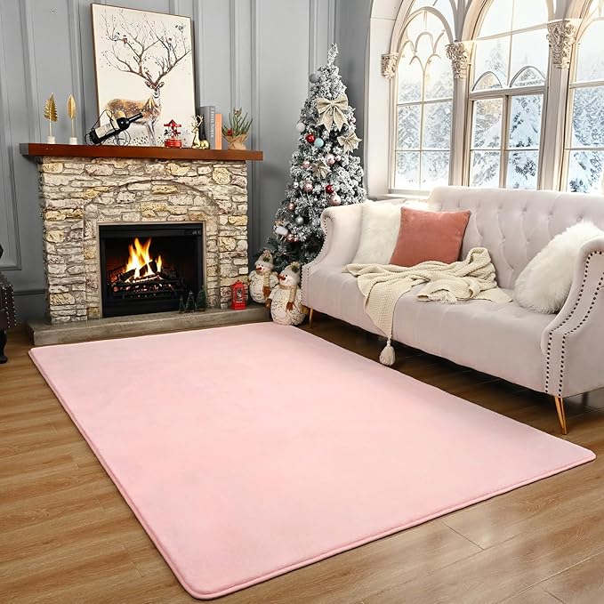 Amearea Modern Area Rugs for Bedroom Living Room, 4x6 Feet Pink Thickened Memory Foam Rug, Fluffy Indoor Washable Rugs Non Slip Minimalist Carpet for Kids Boys Girls Dorm Nursery Room Decor