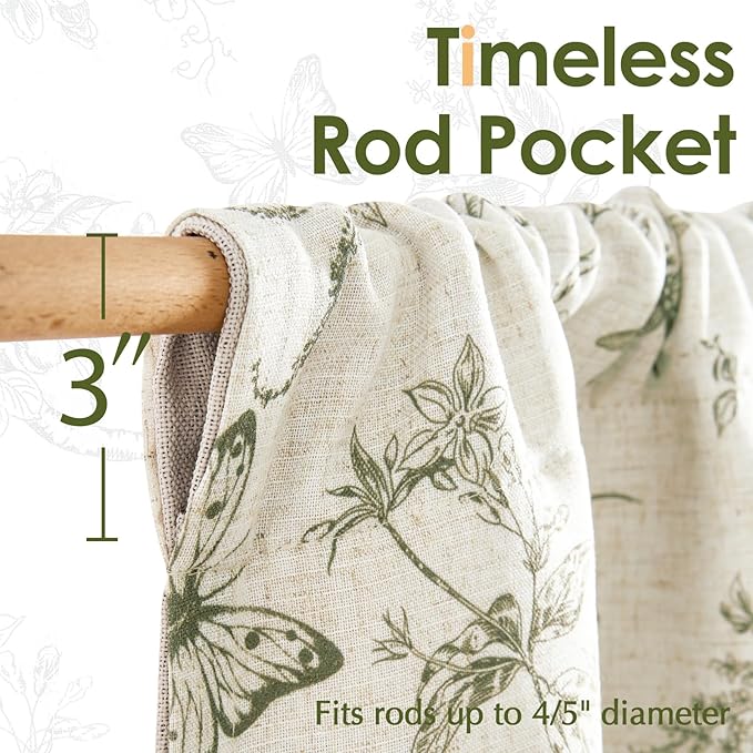 jinchan Floral Curtain Valance for Windows 16 Inch Linen Valance for Kitchen Living Room Rustic Cottage Farmhouse Flower Butterfly Curtain Rod Pocket 1 Panel Double Layer Blackout Green on Beige