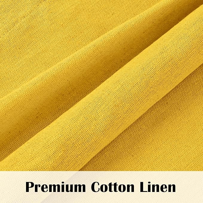 FRAMICS Farmhouse Cotton Linen Curtains for Living Room, Rustic Button Curtains 84 Inch Length 2 Panels, Boho Country Linen Window Curtain for Bedroom Rod Pocket Drapes, 52 x 84 Inch, Yellow and White