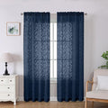 Lecloud Leia 2 Panels Navy Blue Sheer Curtains 84 Inches Long, Light Filtering Clip Textured Voile Living Room Curtain with Dula Rod Pockets, Farmhouse Jacquard Leaf Bedroom Drapes, 38x84 Inch