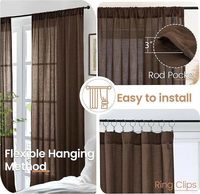 BGment Extra Long 108 Inch Length Curtains for Living Room Windows, Linen Brown Drapes Rustic Country Textured for Farmhouse Bedroom Decor Lightweight Rod Pocket, 2 Panels Set, Each 52 Inch Wide