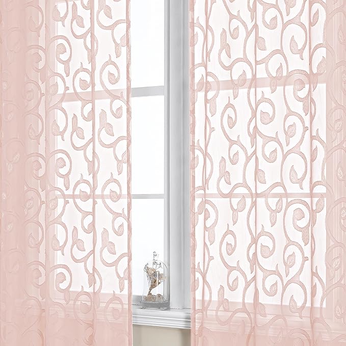 OWENIE Furman Blush Sheer Curtains 63 inch Length for Bedroom Living Room 2 Panels Set, Jacquard Clip Textured Pink Sheer Curtains, Light Filtering Rod Pocket Farmhouse Window Treatments, 40Wx63L inch