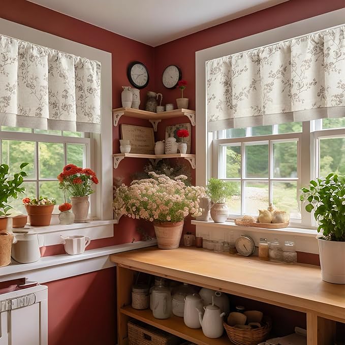 jinchan Linen Kitchen Valance for Windows 16 Inch Floral Double Layer Valance Living Room Laundry Room Darkening Rustic Cottagecore Farmhouse Flower Window Treatment 1 Panel Taupe on Linen