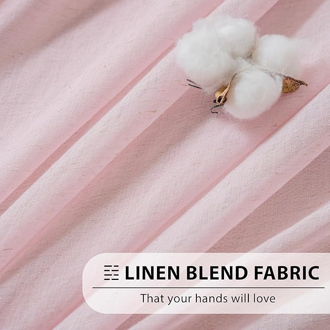 FMFUNCTEX Linen Sheer Curtains for Bedroom, Pink Curtains 96 inches Long for Living Room, Blush Pink Farmhouse French Flax Blend Window Draperies, Rod Pocket 2 Panels Set