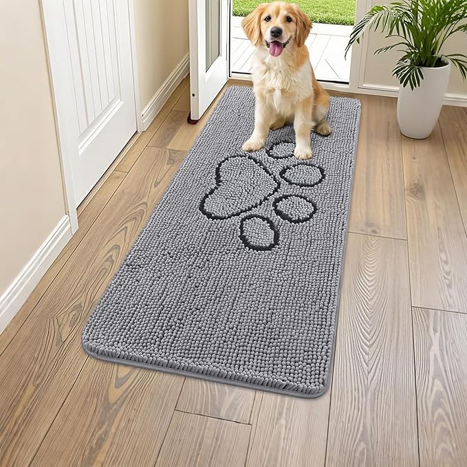 Smiry Dog Door Mat for Muddy Paws, Absorbent Dirt Trapper Non Slip Quick Dry Washable Chenille Mat for Mud Dogs, Entry Rug for Indoor and Outdoor (45x27 Inches, Grey and Black)