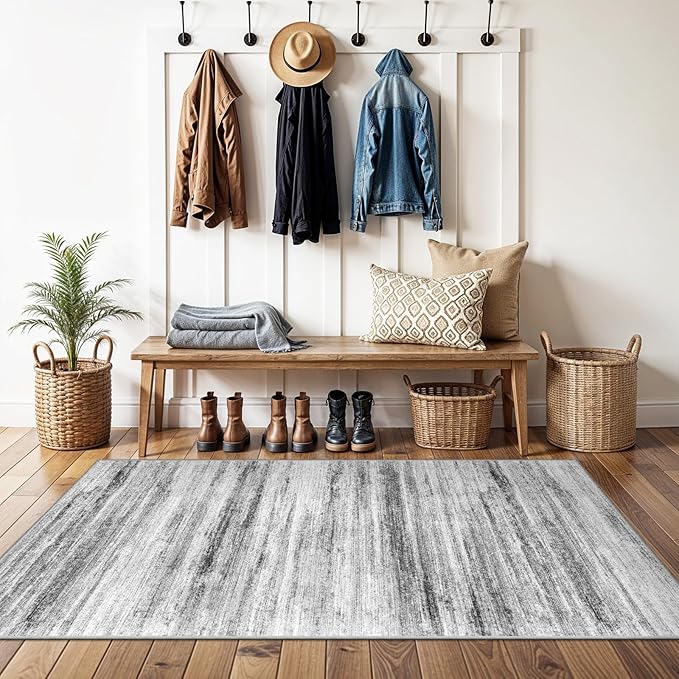 3x5 Area Rug Non-Slip: Washable Rugs for Hallway Entryway Kitchen Living Room Bedroom - Easy-to-Clean Stain and Water Resistant Carpet - Soft Low-Pile Throw Mat Grey