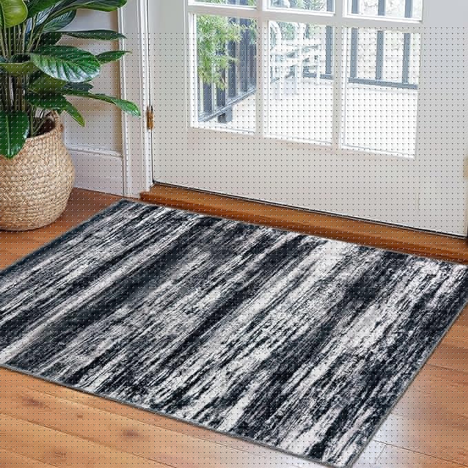 KOZYFLY Modern Abstract Small Area Rugs, 2x3 Washable Kitchen Rug Non-Slip Soft Small Bathroom Rug, Black Navy Blue Grey Striped Entryway Rugs Faux Wool Doormat for Bedside Entrance Bedroom Sink