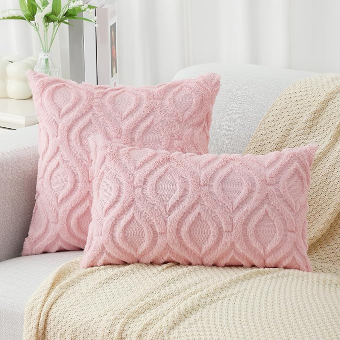 decorUhome Summer Throw Pillow Covers 22x22 Inch Set of 2, Soft Plush Faux Wool Light Pink Solid Couch Pillow Covers, Accent Euro Sham Farmhouse Neutral Square Pillow Cases for Sofa Bed Living Room