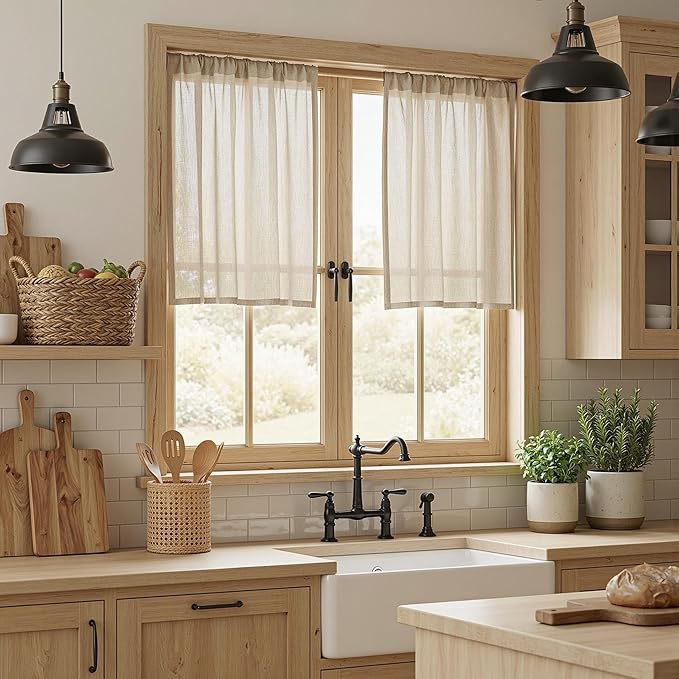 MYSKY HOME Kitchen Semi Sheer Oatmeal Curtains 24 Inch Long, Light Filtering Window Panels Rod Pocket Valance Neutral Drapes for Small Window/Cafe/Bathroom Basement, Taupe, 2 Panels, 34 x 24 Inch