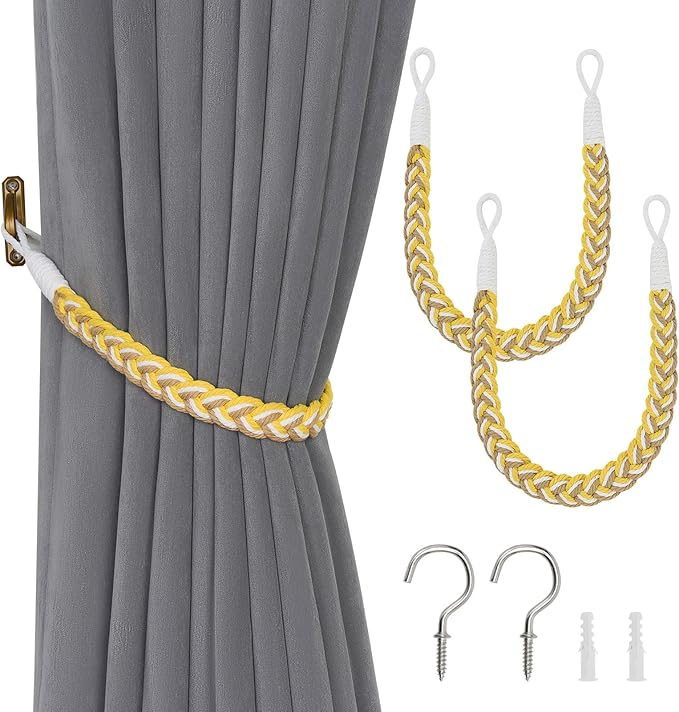 NICEEC 2 Pack Natural Cotton Rope Curtain Tiebacks Elegant Boho Style Decorative Drape Tie Backs Soft Hand-Woven Rope Curtain Holdbacks with Metal Hook for Home & Office Drapery (Yellow & White)