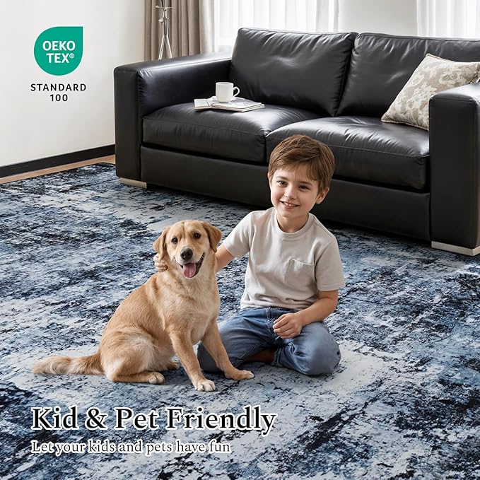 Rugflix 6x9 Area Rugs for Living Room, Washable Large Rug Stain-Resistant Low Pile, Modern Dark Carpet for Dining Room Home Office Kid Room Nursery Bedroom, Navy Blue/Black