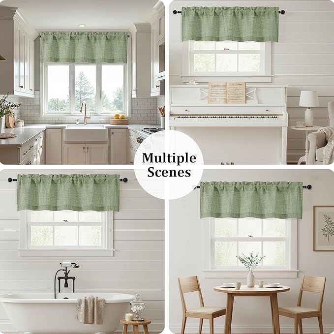 OWENIE Sage Green Valances for Windows 1 Pcs, Light Filtering Textured Farmhouse Short Small Valance Curtains for Bathroom Basement Living Room Bedroom, Rod Pocket Half Curtains Over Sink, 52" Wx14 L