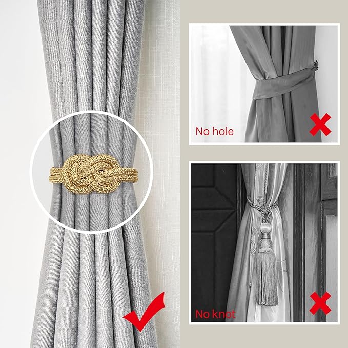 NICEEC 4 Pack Mini Magnetic Curtain Tiebacks Nordic Simple Style Drape Tie Backs Elegant Hand Weave Rope Knot Decorative Curtain Holdbacks for Home & Office Thin Window Drapery (Gold)