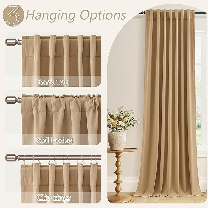 Guken Camel Brown 100% Blackout Linen Curtains 63 Inch Length 2 Panels Set for Living Room Bedroom Back Tab/Rod Pocket Thermal Insulated Black Out Drapes Room Darkening Farmhouse Window Curtains