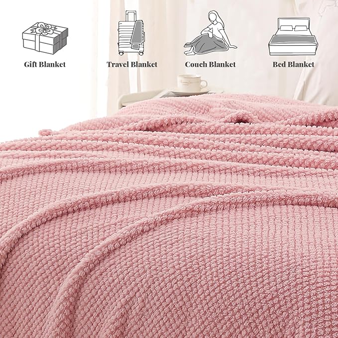 Whale Flotilla Twin Size Fuzzy Fleece Blanket for Bed, 60x80 Inch Fluffy Warm Soft Jacquard Blankets for All Season, Lightweight and Cozy, Pink