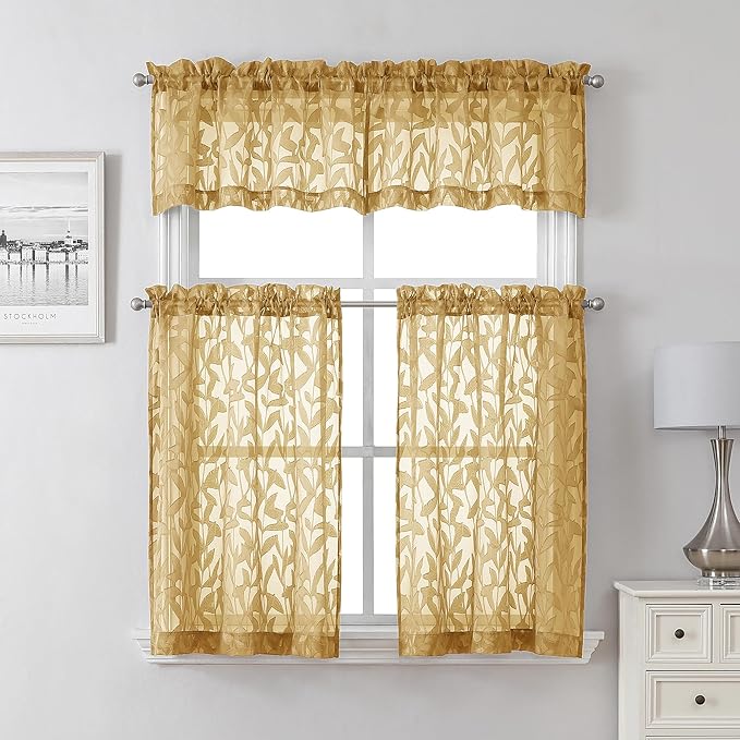 Lecloud Leia Dark Gold Sheer Kitchen Curtains 36 Inch Length, Breathable Clip Textured Leaf Cafe Bedroom Voile Curtain Tiers, Dual Rod Pockets Jacquard Bathroom Bedroom Drapes, 40 W x 36 L