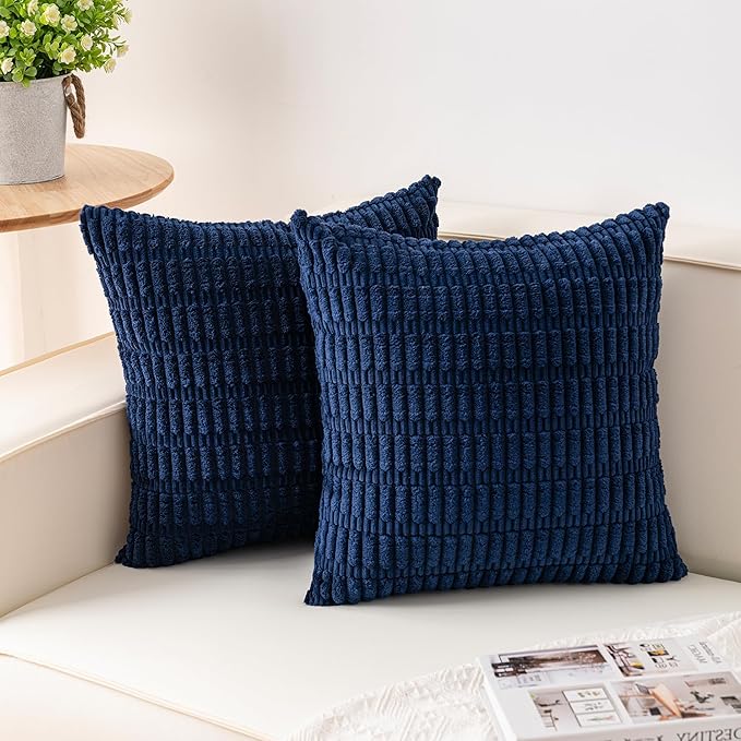 Pack of 2 Corduroy Decorative Throw Pillow Covers 26x26 InchSoft Striped Pillow Covers Modern Farmhouse Home Decor for Sofa Living Room Couch Bed（Blue）