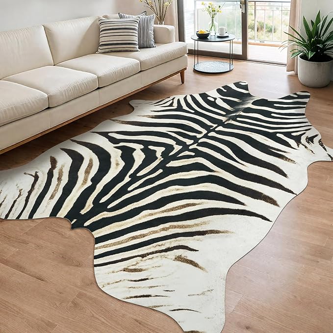 AROGAN Western Faux Fur Zebra Rug, 4.6 x 5.2 Feet Premium Animal Skin Print Rug, Sturdy Faux Zebra Hide Rugs for Wall Decor, Western Floor Carpet for Bedroom Living Room, Black and White
