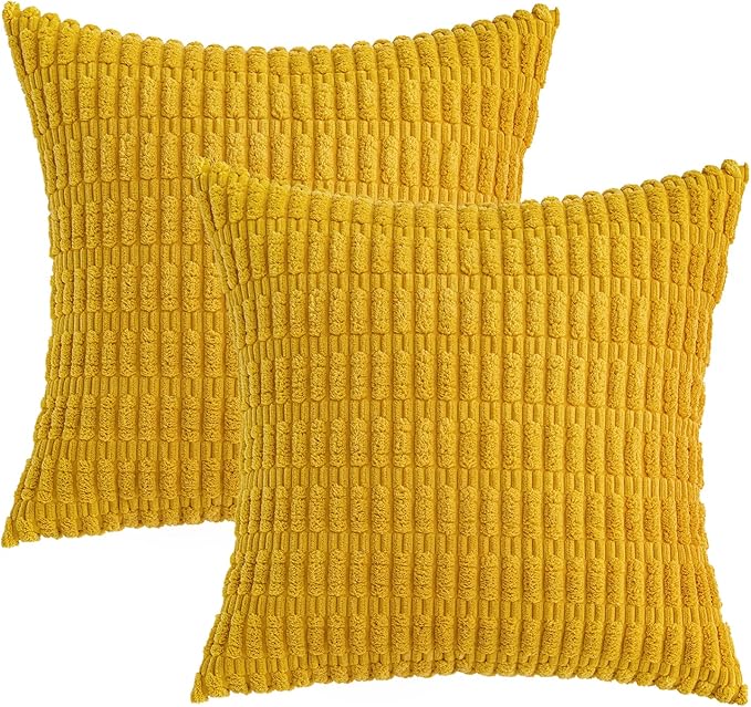MIULEE Pack of 2 Corduroy Decorative Throw Pillow Covers 16x16 Inch Soft Boho Striped Pillow Covers Modern Farmhouse Home Decor for Summer Sofa Living Room Couch Bed Mustard Yellow