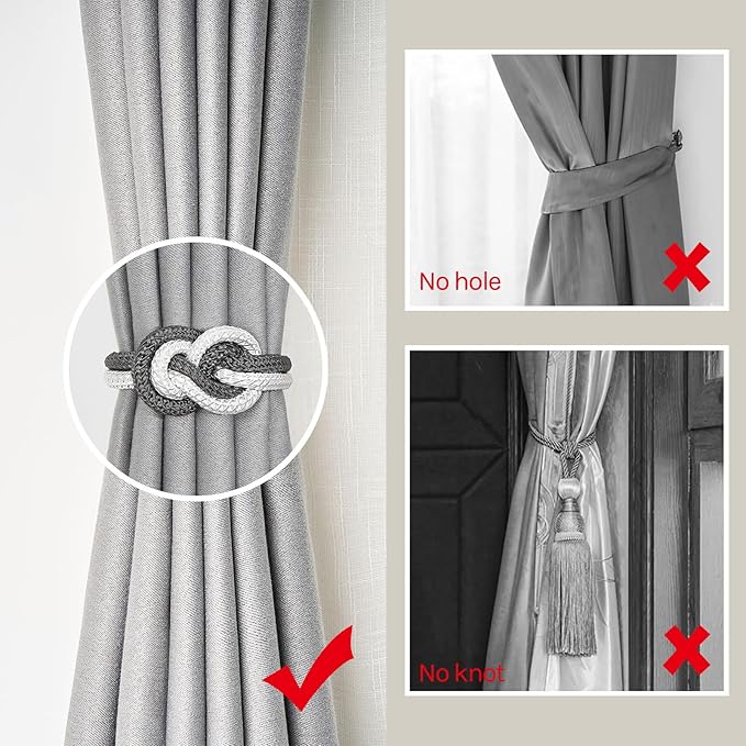 NICEEC 4 Pack Mini Magnetic Curtain Tiebacks Nordic Simple Style Drape Tie Backs Elegant Hand Weave Rope Knot Decorative Curtain Holdbacks for Home & Office Thin Window Drapery (Dark Grey & White)